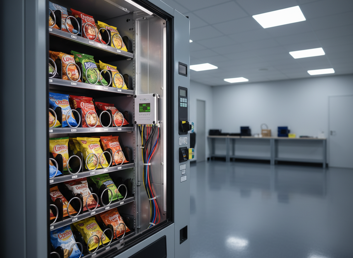 A detailed interior shot through the open service door of a vending machine, revealing neatly organized coils, product trays, and a modern telemetry module mounted on a brushed metal panel. Color-coded wiring is carefully bundled, and a small diagnostic screen glows with status indicators. The environment is a clean, well-lit service bay with light gray painted walls and a spotless epoxy floor. Cool, evenly distributed LED workshop lighting produces crisp, shadow-free visibility. Photographic realism, captured from a side angle at mid-height to emphasize depth and mechanical precision. The mood is highly professional and technical, underscoring reliability, meticulous maintenance, and behind-the-scenes excellence in vending operations that support a purpose-driven mission.