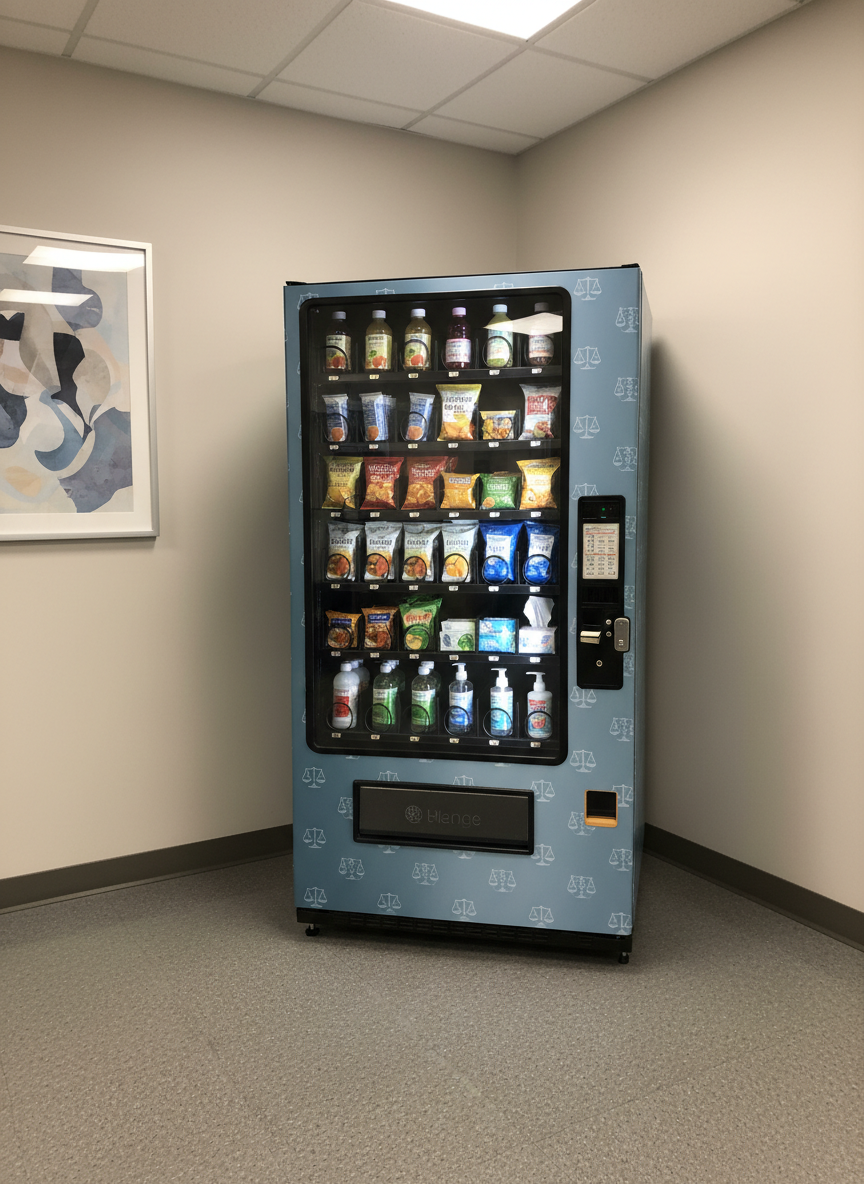 A compact vending machine branded in subtle blues and grays, featuring icons of scales of justice and small globe motifs, positioned in a hospital waiting area corner. The front glass shows a carefully curated selection of low-sugar drinks, healthy snacks, and basic comfort items like tissues and sanitizer. The machine stands on a muted, speckled vinyl floor next to a neutral-toned wall with an abstract art print partially visible in the background. Soft, ambient fluorescent lighting from the ceiling casts even illumination with minimal shadows. Photographic realism, eye-level composition with the machine centered and background slightly out of focus. The mood is calm, reassuring, and supportive, suggesting a caring, values-driven vending partner.