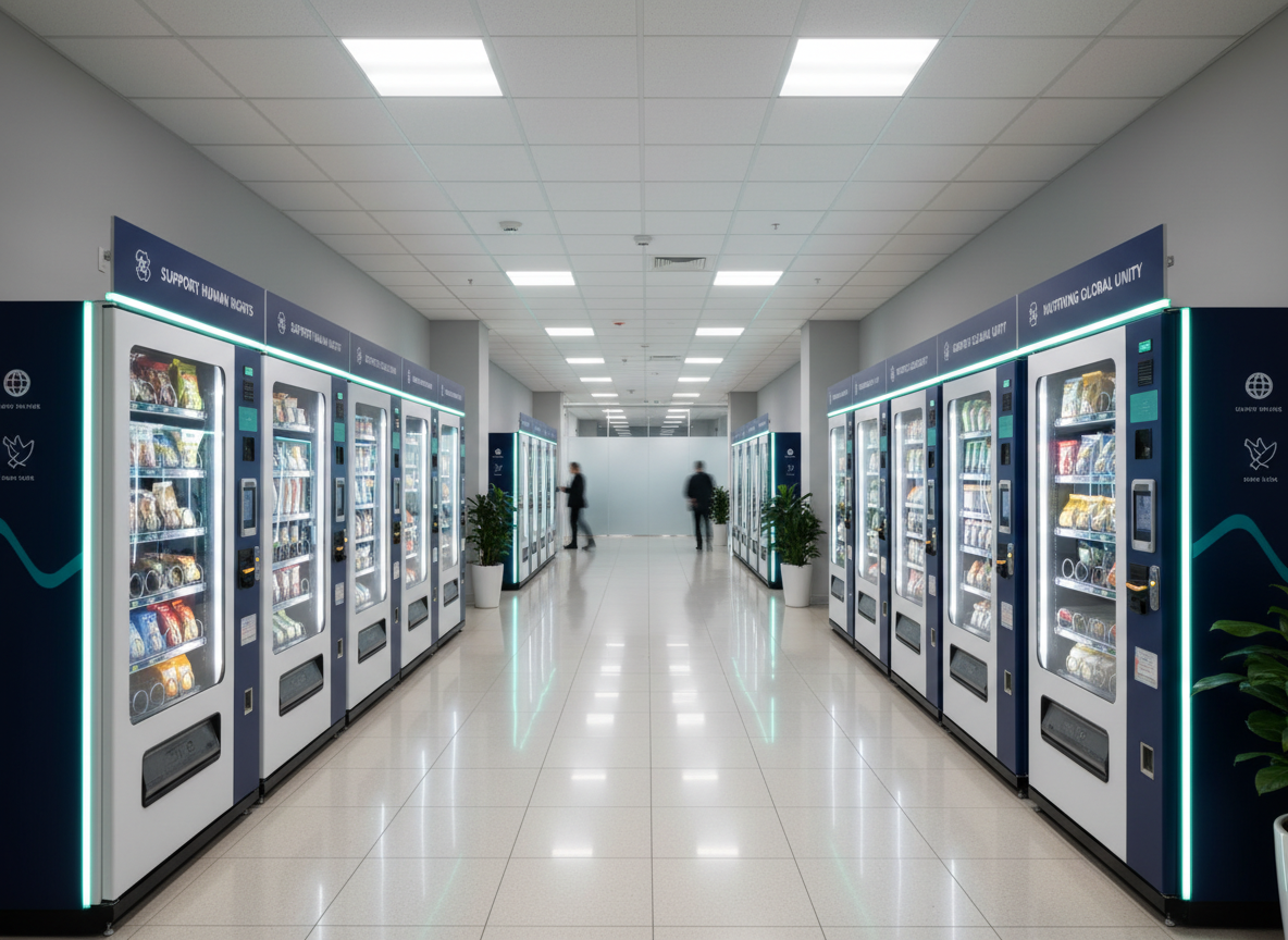 An array of vending machines lined up along a wide, bright corporate corridor, each with coordinated branding in deep navy, white, and subtle teal accents, emphasizing support for human rights initiatives through small icons and slogans printed above the selection windows. The corridor has glossy tile flooring reflecting the machines’ soft LED edge lighting. Overhead recessed lights provide even, neutral illumination that highlights the machines without glare. Photographic realism from a slightly elevated wide-angle perspective, capturing depth as the machines recede into the distance. The atmosphere feels organized, contemporary, and reliable, suggesting a comprehensive vending solution for large organizations with shared values and social responsibility.
