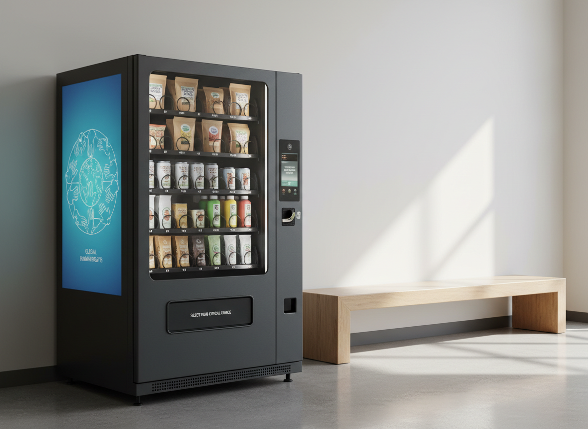 A vending machine dedicated to ethical and fair-trade products, with a matte charcoal exterior and a large, high-resolution side panel graphic depicting interconnected hands as abstract line art, symbolizing global human rights. Inside the glass front, neatly arranged organic snacks, fair-trade coffee cans, and sustainably packaged drinks are visible with clear, legible labels. The machine is placed in a bright university hallway with neutral walls and a light wood bench nearby. Soft afternoon natural light streams from windows out of frame, creating gentle highlights and subtle floor reflections. Photographic realism, eye-level composition using rule of thirds, with the machine slightly off-center. The mood is aspirational, educational, and socially conscious.