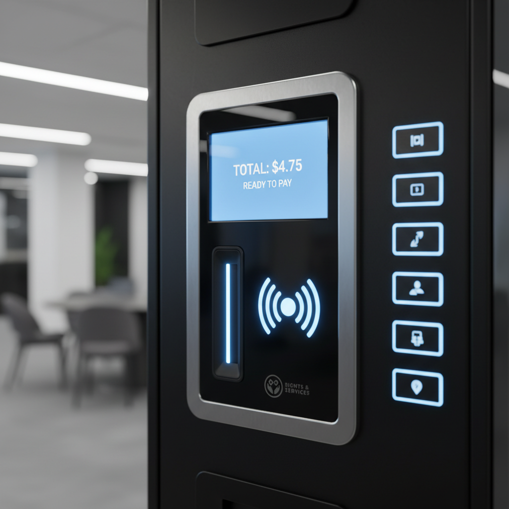 A close-up, photographic view of a cashless payment panel on a high-end vending machine, featuring a clear digital display, tap-to-pay symbol, and card reader framed in brushed aluminum. The interface glows with a soft blue light, illuminating adjacent product selection buttons and a small, discreet company logo that hints at human rights support. The machine’s dark, satin-finish casing contrasts with the luminous display. Captured indoors under balanced, cool-white overhead lighting that eliminates harsh shadows. Shot from a slightly angled macro perspective with shallow depth of field so the background becomes a smooth, modern blur. The mood is efficient, secure, and technologically advanced, emphasizing ease of use and professional service.